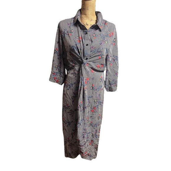 Suzanne Betro Long Sleeve Gray Striped Floral Design Waist Twist High Low Dress - Picture 2 of 11